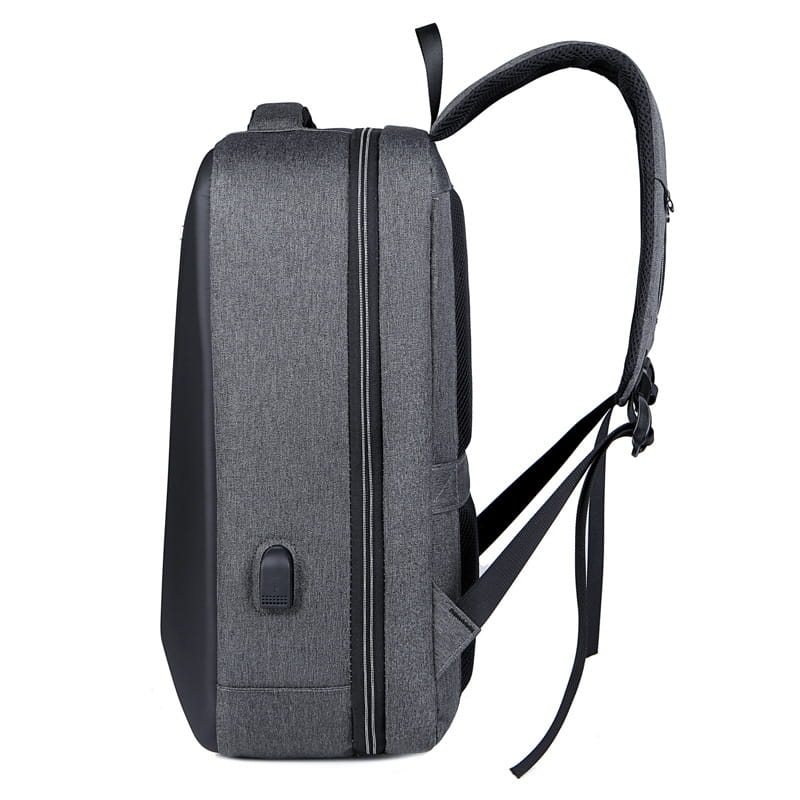 gray textured fabric business laptop backpack with black accents and adjustable shoulder straps made of oxford cloth featuring a usb charging port