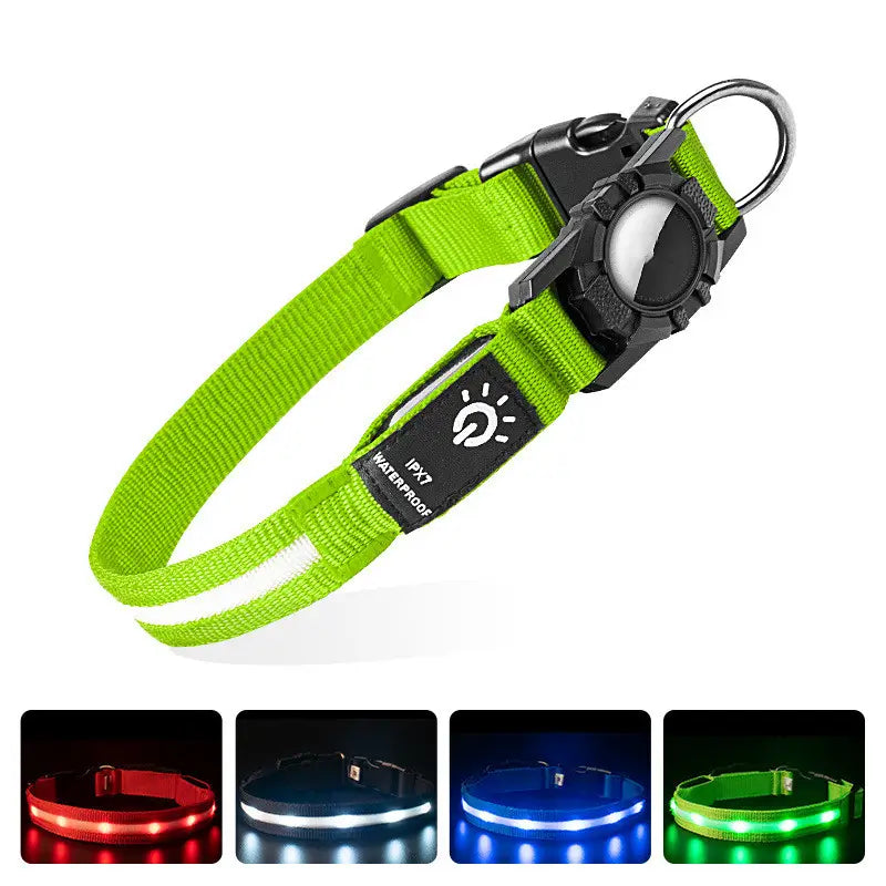 Collar para perros con localizador Airtag, impermeable, color verde lima brillante, fabricado en nailon, con luz LED, hebilla negra y tira reflectante para el seguimiento.