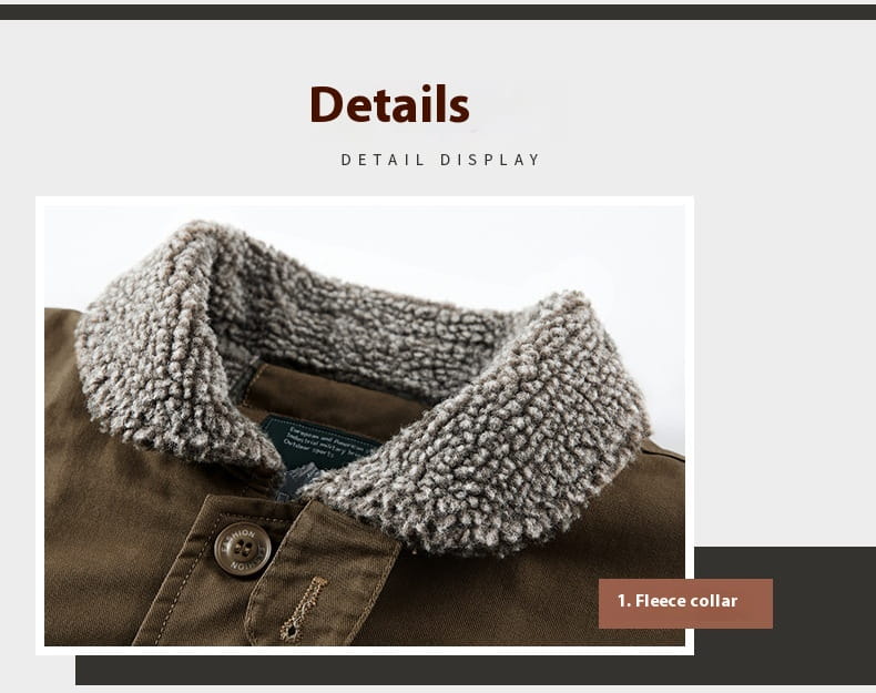 A brown mens fleece lined winter cotton jacket featuring a plush textured fleece collar.