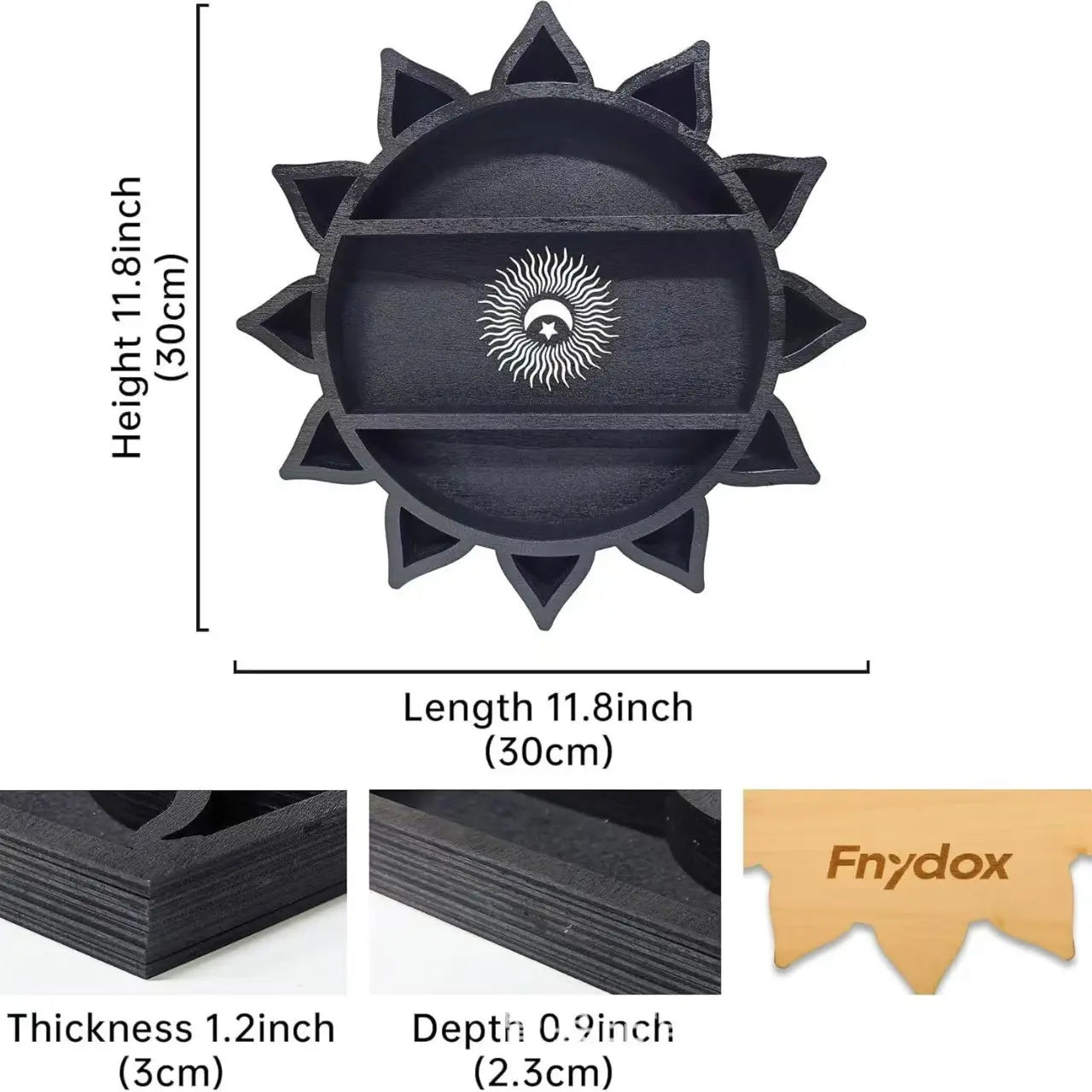 Black sun-shaped wooden floating shelf with a white etched design in the center for crystal display rack use.