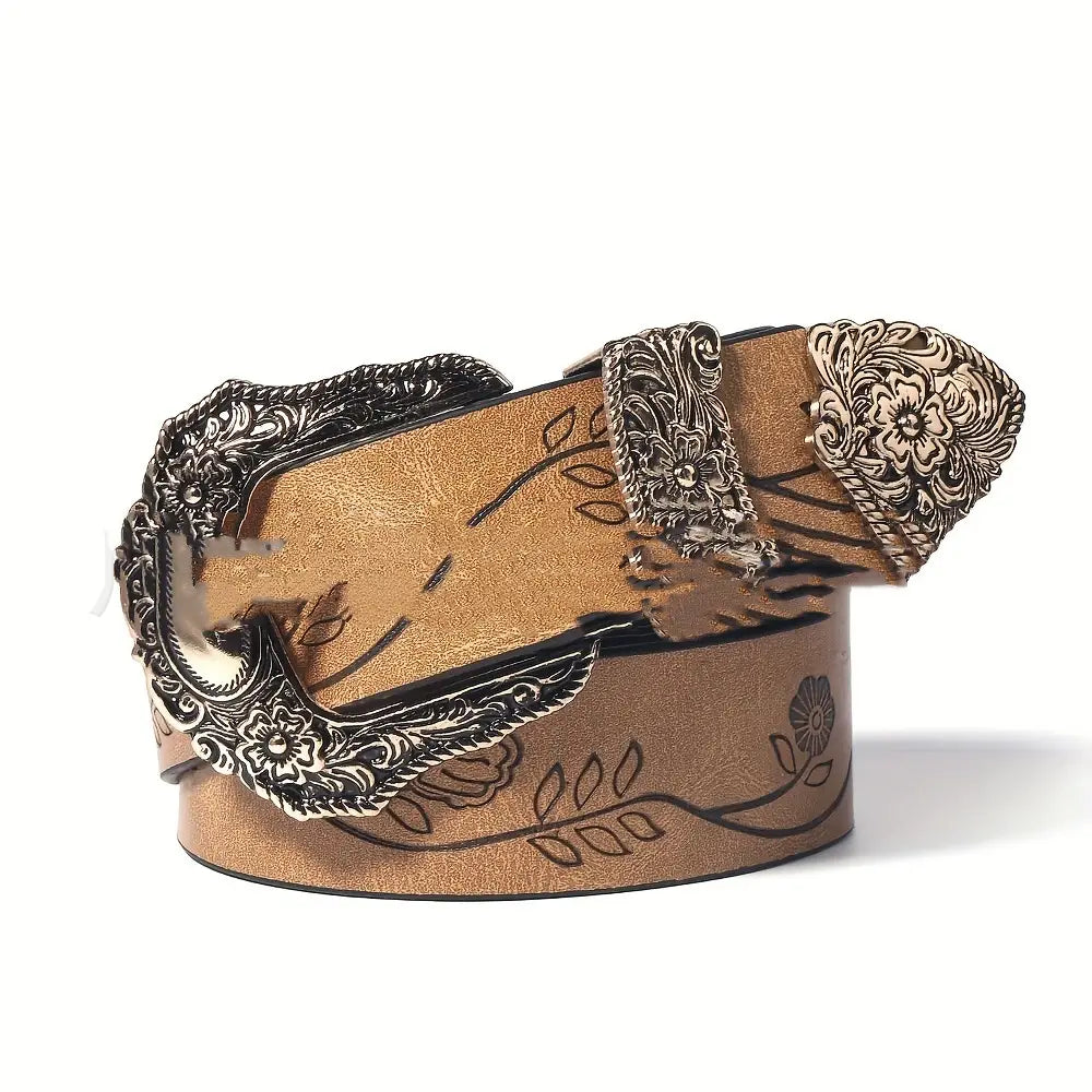 Ceinture en cuir pour femmes brune avec boucle ornée à motifs floraux et feuilles gaufrées, en métal à tons argentés.