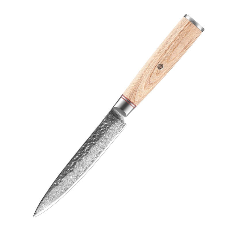 Un cuchillo pelador de damasco de acero con acabado plateado, elegante y sofisticado, con mango de madera clara y montura metálica del set de cuchillos de chef de damasco de 7 piezas con mango de madera martillado.