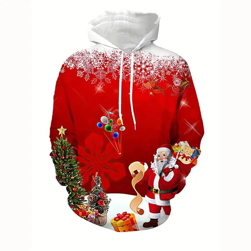 Homme : sweat à capuche de Noël festif en rouge imprimé en 3D, avec père Noël et rennes, comprenant des graphismes de flocons de neige blancs et du père Noël, avec une capuche doublée de blanc.