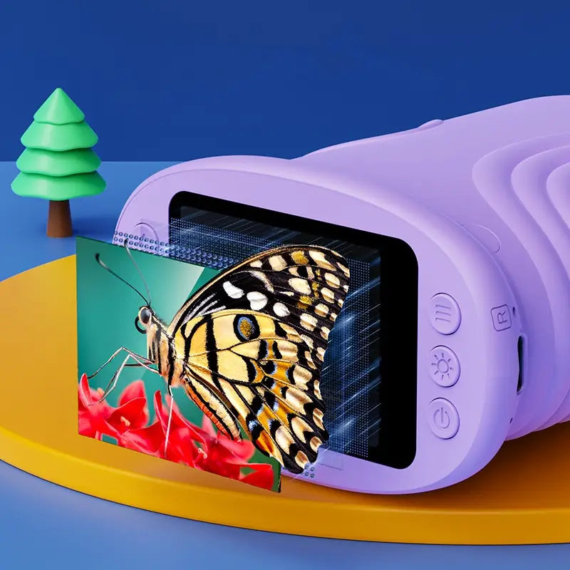 Kids microscope 50-1000x digital handheld toy featuring a purple soft-touch plastic scanner with a curved design and visible control buttons.
