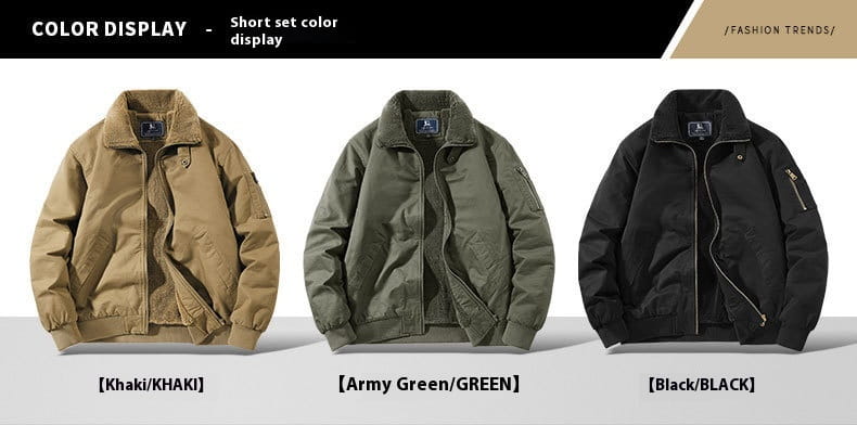 men cotton shearling bomber jackets in khaki army green and black featuring fleece-lined collars and zippered pockets