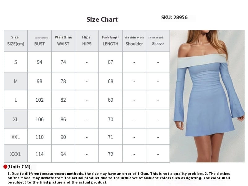 light blue off the shoulder mini dress featuring long flared sleeves and contrast detailing, suitable for elegant occasions