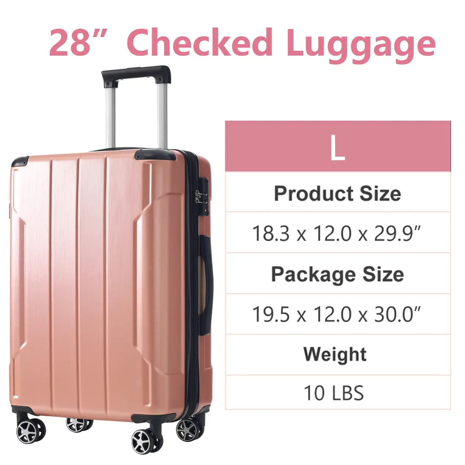 Rose gold 28 inch expandable hardshell spinner suitcase with checked pattern black accents and four spinner wheels.