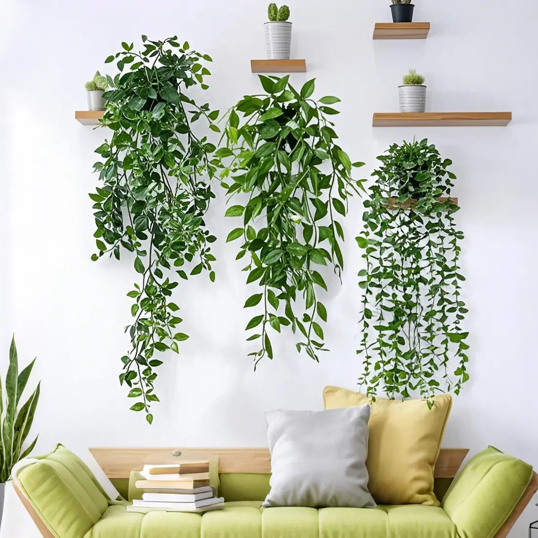 artificial hanging plants 3 pack fake trailing greenery with lush green leaves cascading from wooden shelves to enhance minimalist room decor