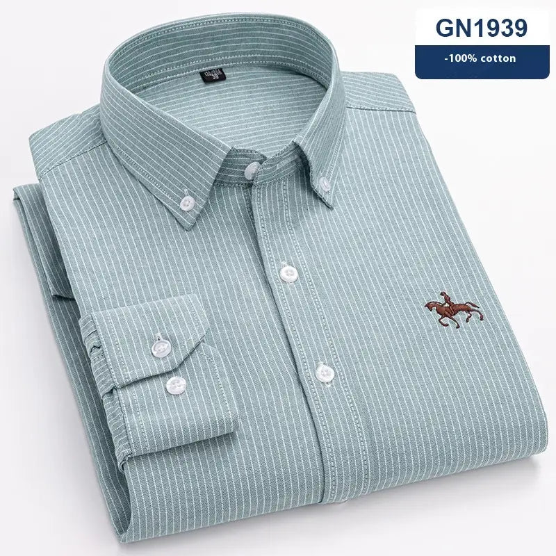 Men’s striped cotton embroidered button down shirt in light blue and white with a small polo player logo on the left chest.