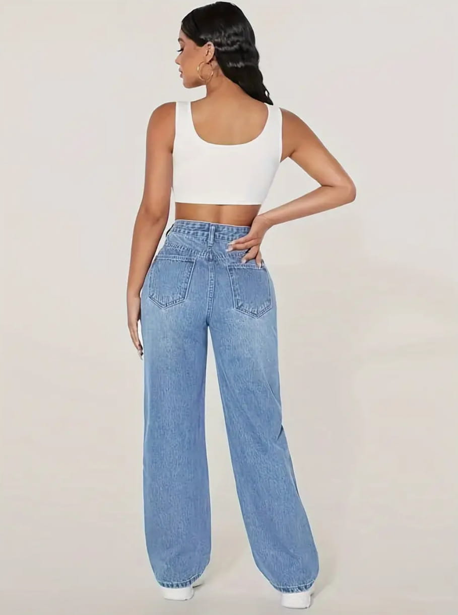 Light-wash blue high-rise wide-leg denim jeans with distressed details made from denim fabric.