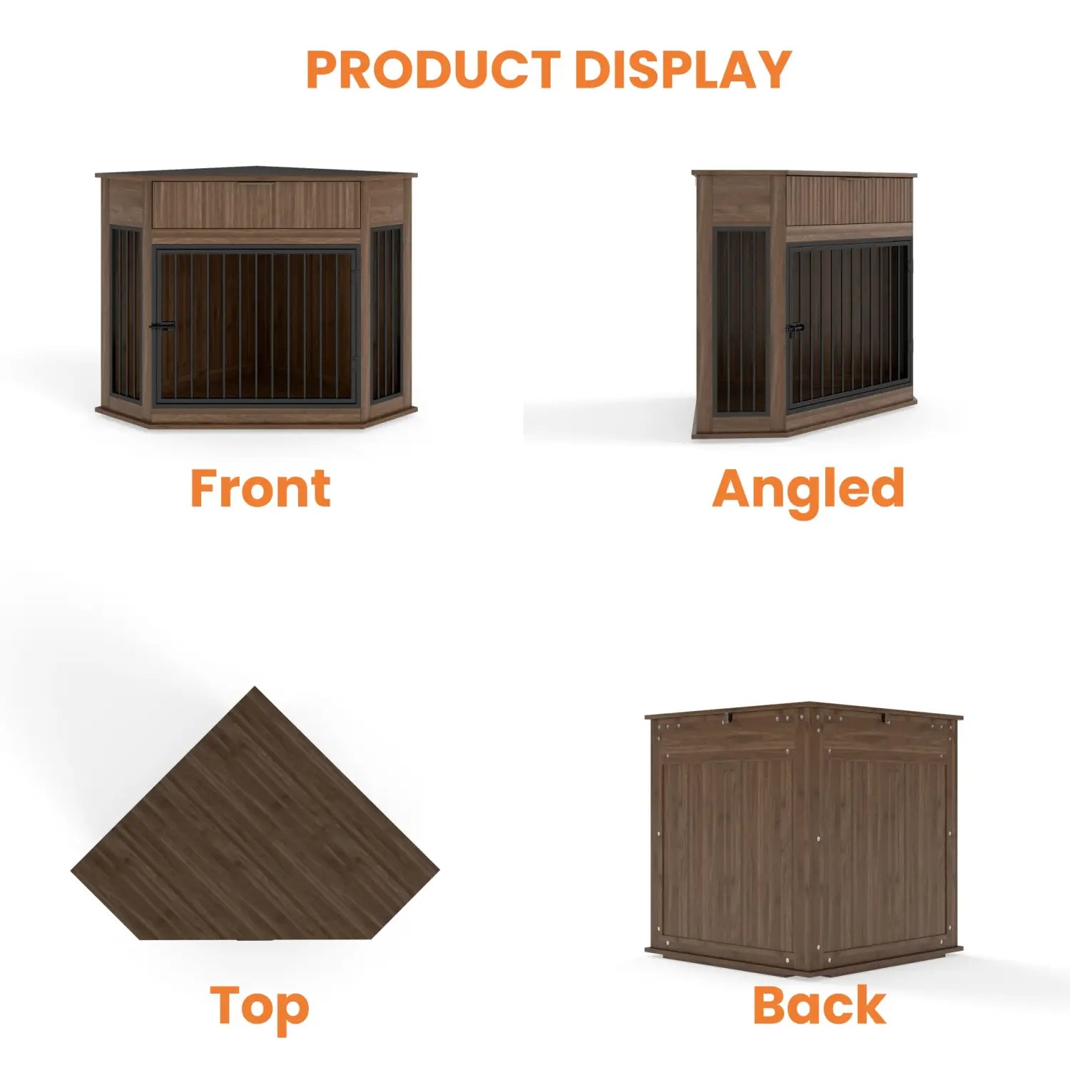 brown wooden corner dog crate furniture with fluted storage drawer featuring a slanted roof and vertical paneling