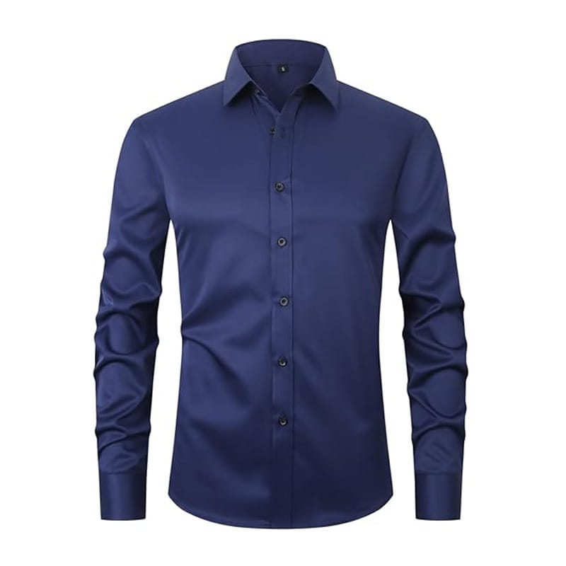 Dunkelblaues langärmliges Hemd aus Stretch-Satin für Herren in Slim-Fit-Passform mit klassischem Kragen und Knopfleiste.