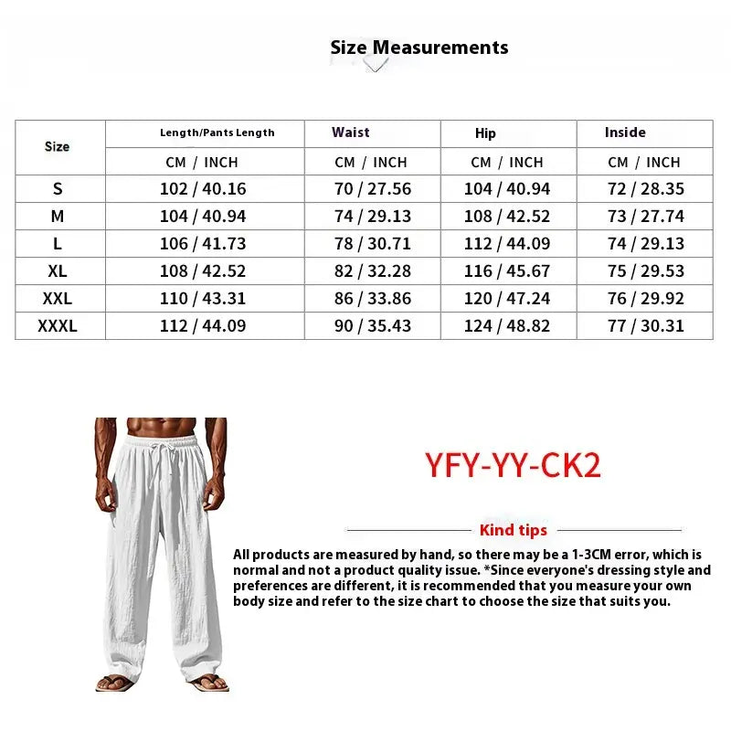 Weiße, locker fallende Leinenhose mit Kordelzug in der Taille und weiten Beinen aus dem Set mit Herren-Leinenhemd und -Hose