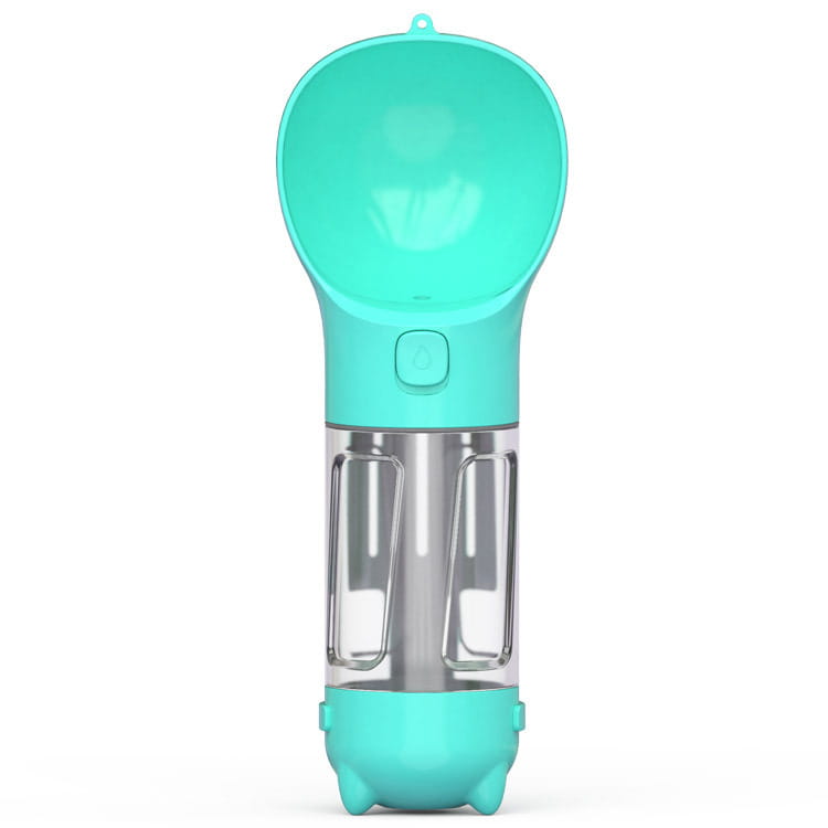 Bouteille d’eau multifonctionnelle pour chien en plastique turquoise et distributeur de sacs à crottes, avec une section cylindrique transparente et un intérieur métallique argenté en plastique.