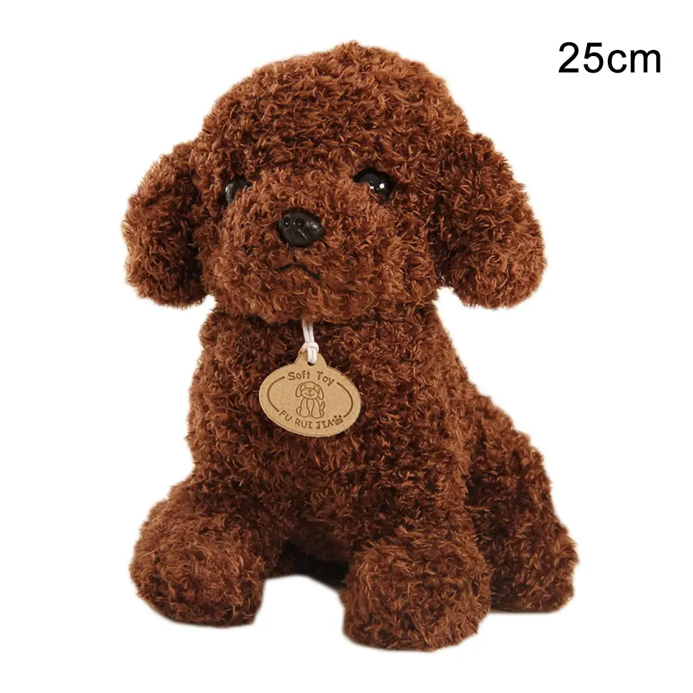 Un peluche color marrón de perro oso de peluche, que presenta pelaje rizado esponjoso y ojos de botón negros y nariz, sentado en posición erguida.