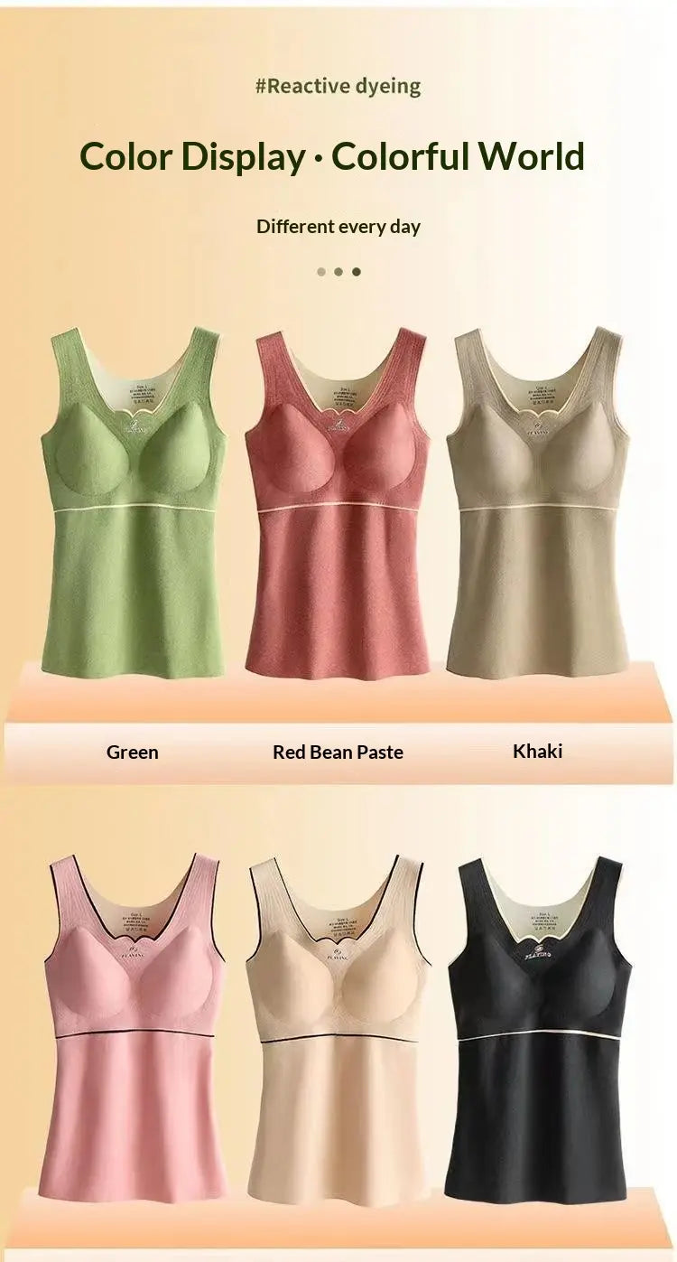 Eine Kollektion aus fünf nahtlosen Thermounterhemd-Tank-Tops für Damen mit integrierter Büste aus Dermlin-Stoff in Grün, Rot-Bohnenpaste, Khaki, Rosa und Schwarz