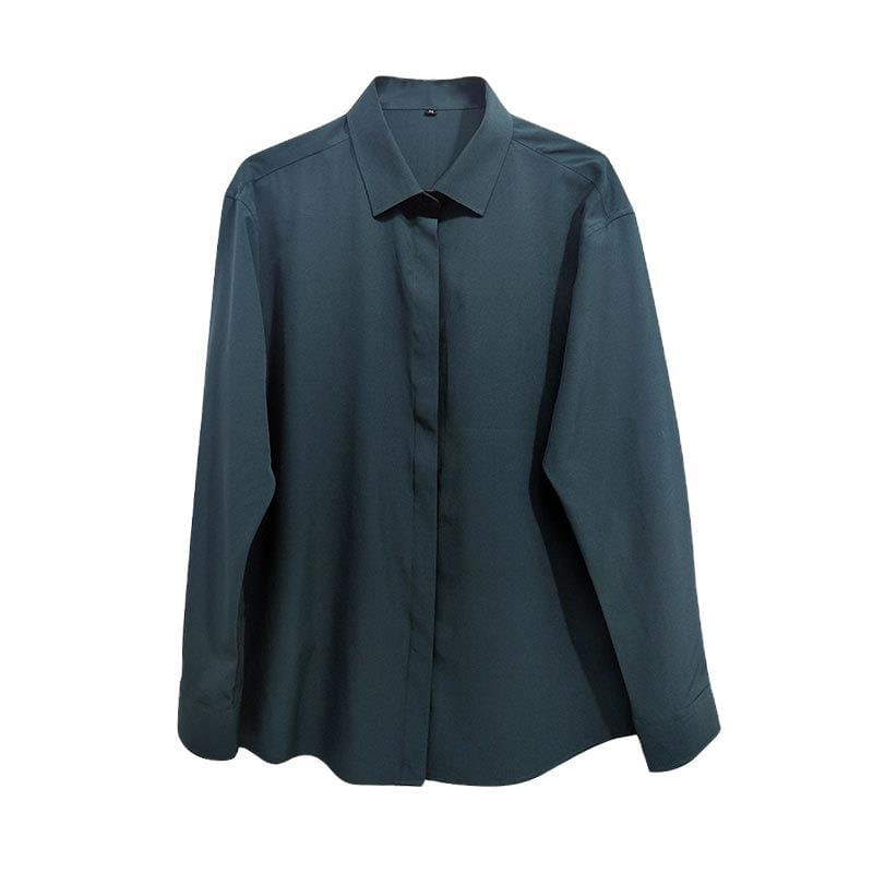 A sleek dark gray retro drape wrinkle resistant satin long-sleeved button down shirt with a classic collar and clean lines.