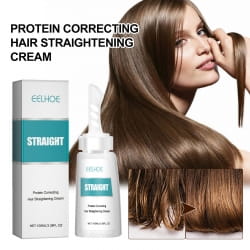 L’image présente un flacon blanc élégant de crème coiffante pour cheveux lissés correctrice de protéines Eelhoe 60 ml, avec des accents turquoise et un design minimaliste.