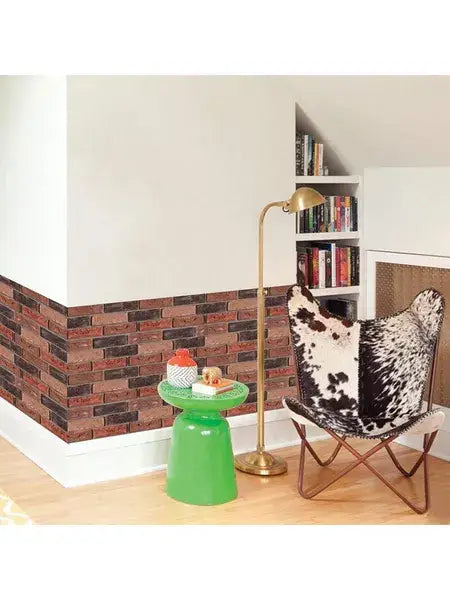 black and white cowhide butterfly chair with metal frame displayed with 30pcs 3d faux brick wall panels peel and stick background.
