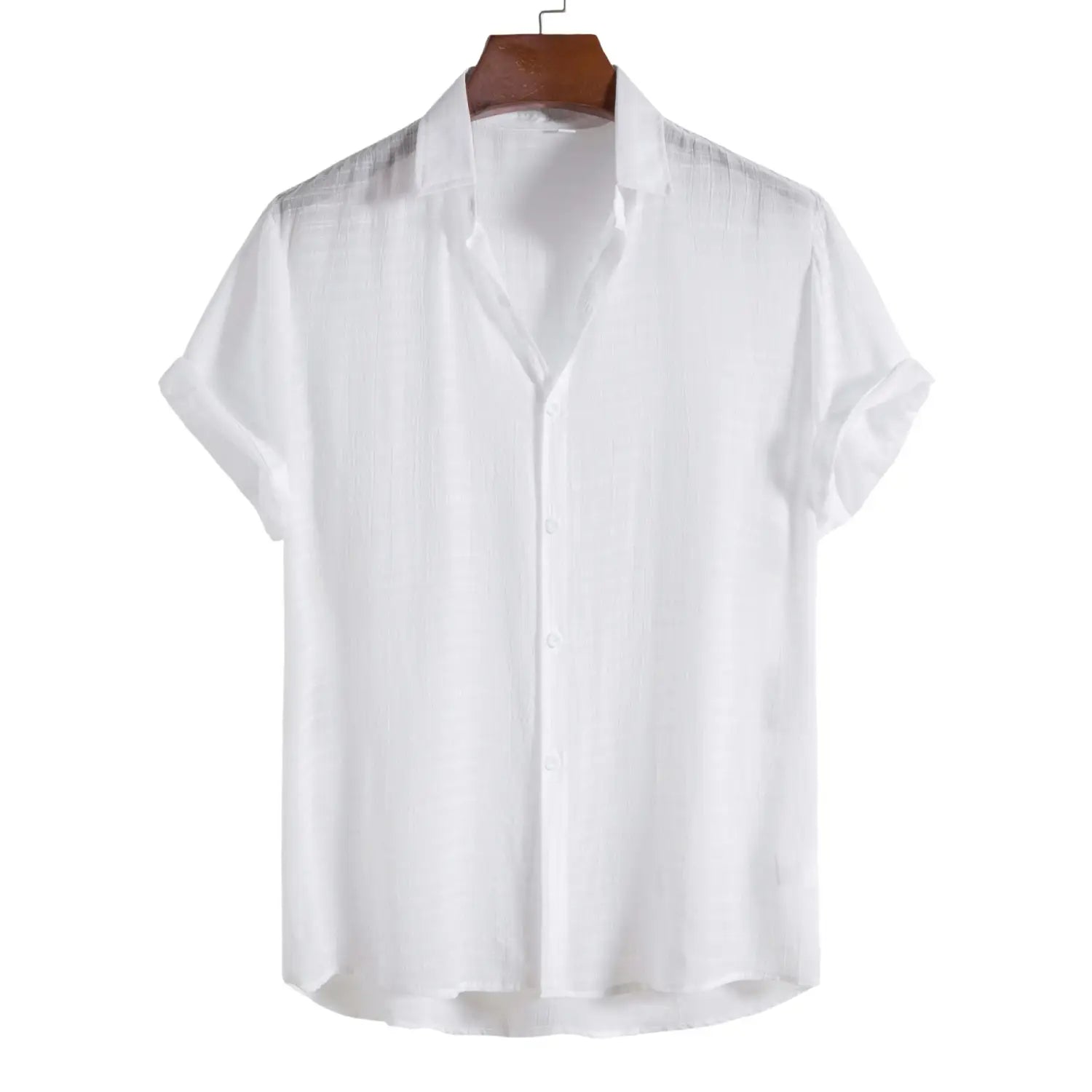 Men’s minimalist textured short sleeve grid shirt in white with a classic collar and subtle vertical pleats.