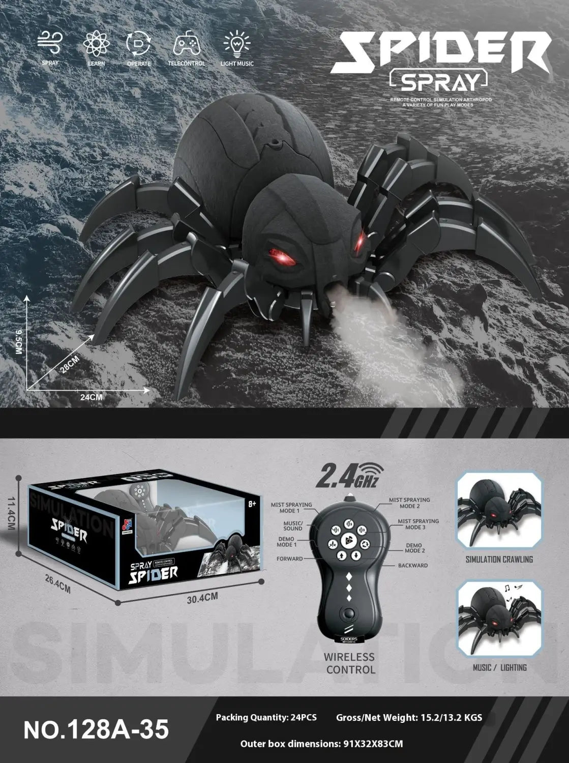 Black remote-controlled spider toy with red glowing eyes and metallic legs designed for mist spraying sound effects and wireless control featured in Remote Control Spray Dragonfly Centipede Toy.