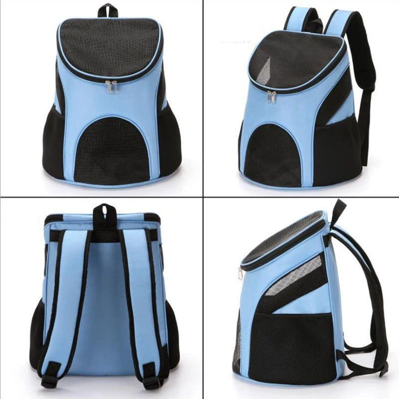 Light blue and black dog carrier backpack with breathable mesh panels for ventilation designed for small pet travel.