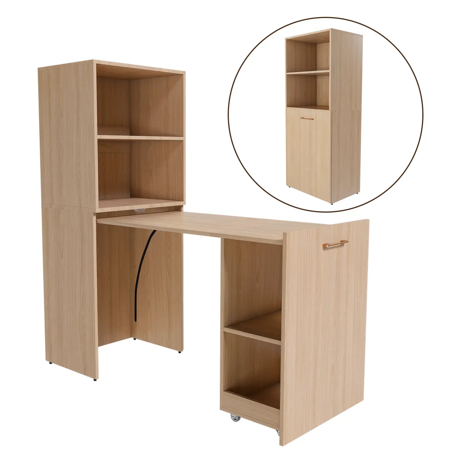 Bureau extensible en finition bois clair avec étagères de rangement et roues, doté d’une conception convertible et d’un module de rangement mobile.