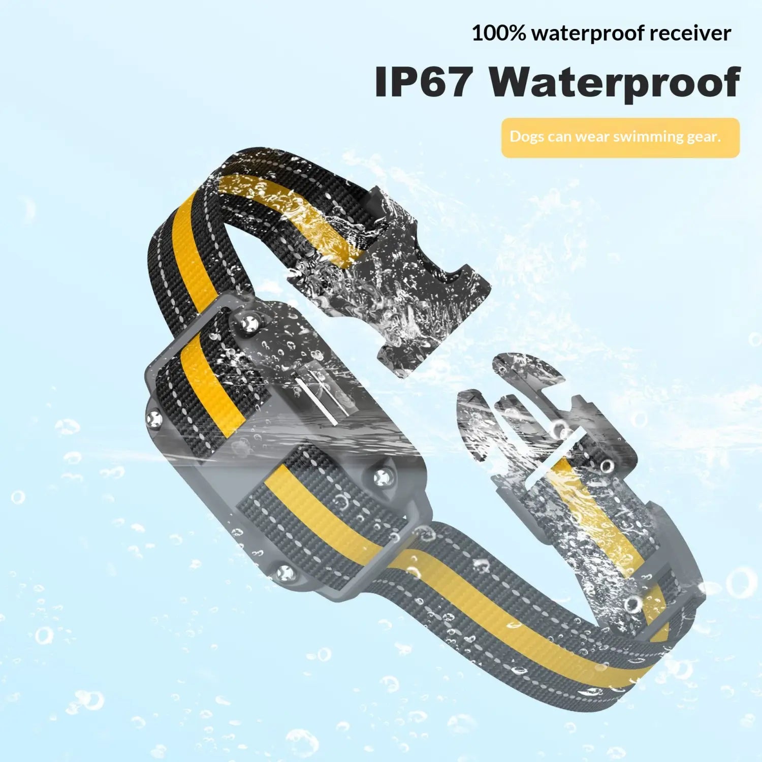 black and yellow waterproof anti bark dog training collar with gray plastic receiver unit designed for remote use