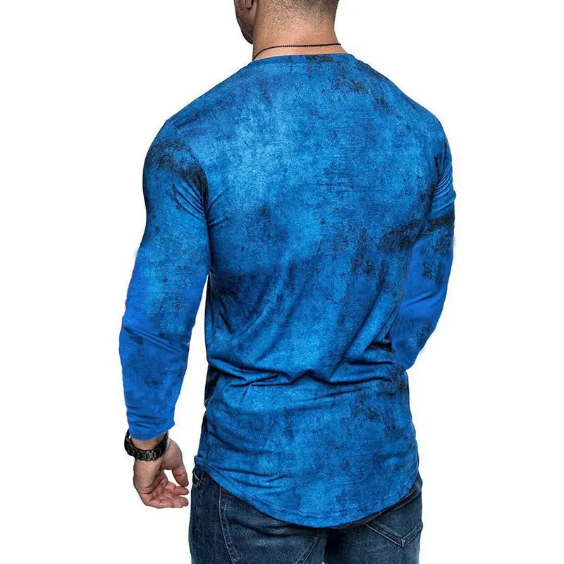 blue men’s distressed textured long-sleeve t-shirt with a worn pattern suitable for casual wear
