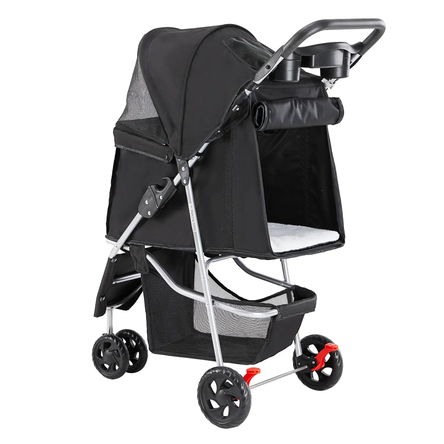 Black pet stroller with swivel wheels featuring a silver frame mesh sides and a white cushioned interior.
