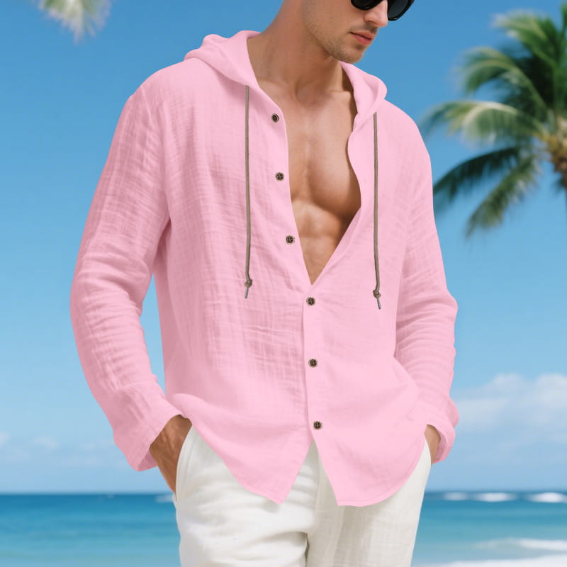 Men linen hooded cardigan shirt in light pink with long sleeves textured fabric and dark buttons.