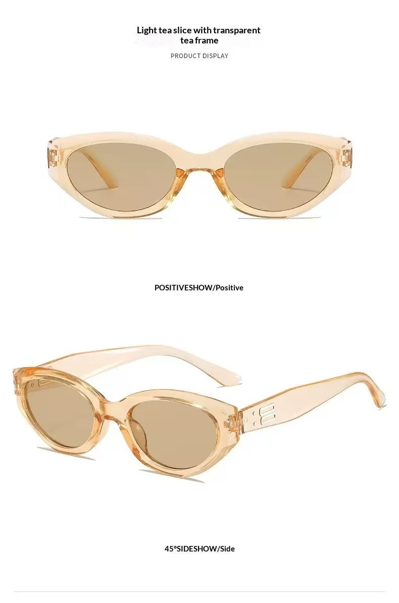 Retro cat eye uv400 sunglasses with transparent peach-colored glossy frames and light tea-tinted lenses.