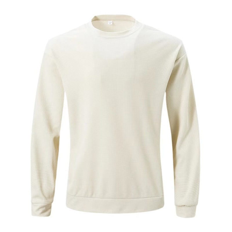 Ein cremefarbener Herren-Langarm-Pullover aus Strick mit strukturierter Oberfläche mit einer dezenten strukturierten Webung und einem Crewneck-Design.