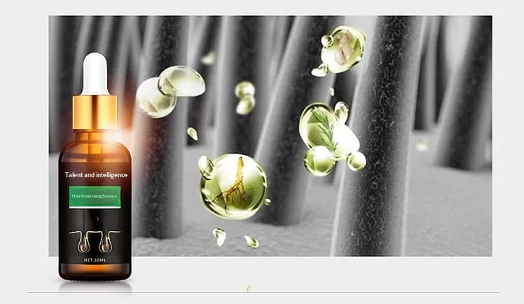 Un frasco de vidrio ámbar oscuro con un tapón cuentagotas de tono dorado y una ampolla de goma blanca, rotulado con el sérum para el crecimiento del cabello «talento e inteligencia», con aceites esenciales, 30 ml, para la regeneración del cabello.
