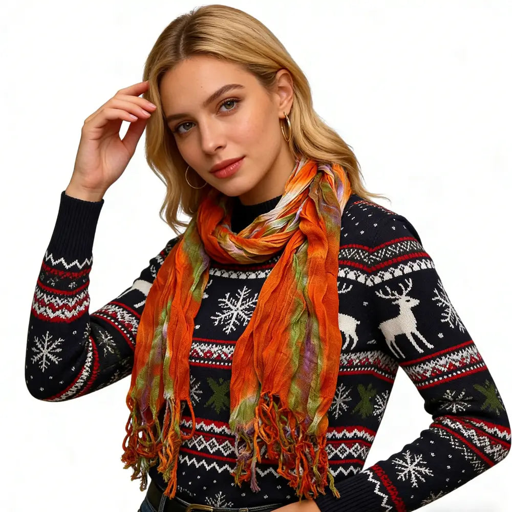 Kräftiger Orange- und Grün-Batik-Viskoseschal mit Fransenenden, leichter Schmuck- oder Kleiderschal.