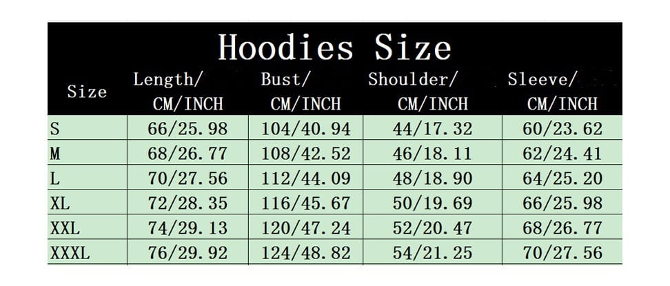 Tableau des tailles de sweat à capuche indiquant des mesures en centimètres et en pouces pour les tailles S à XXXL pour le sweat à capuche de type pullover pour homme avec le visuel croisé « Philippiens 4:13 ».