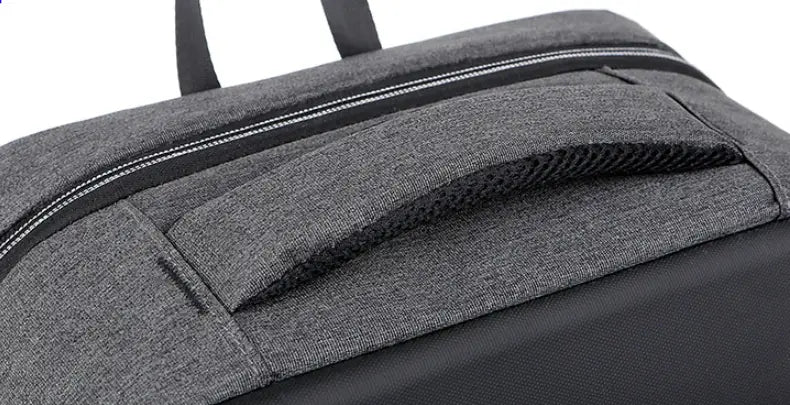 gray textured fabric business laptop backpack with black zipper mesh pocket and usb charging port made of oxford cloth for professional use