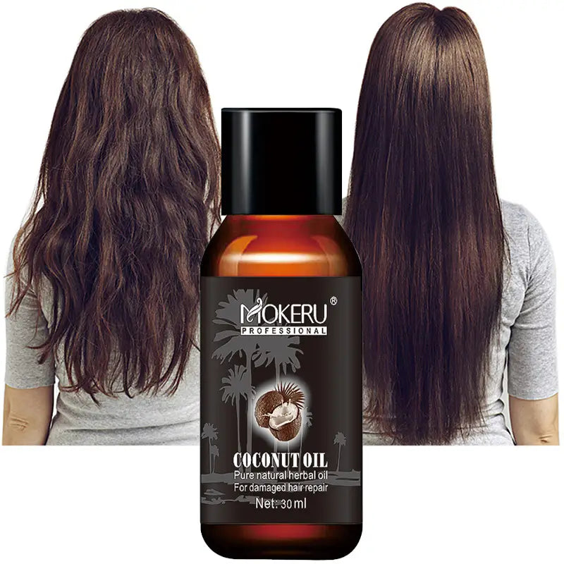 Un frasco de vidrio ámbar oscuro con tapa negra y etiqueta de Mokeru Professional que contiene un sérum reparador de aceite de coco de 30 ml para el frizz y el daño.
