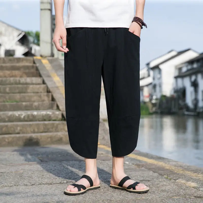 Pantalons de plage décontractés en lin pour hommes, noirs et amples, avec taille à cordon de serrage et jambes fuselées, réalisés en coton