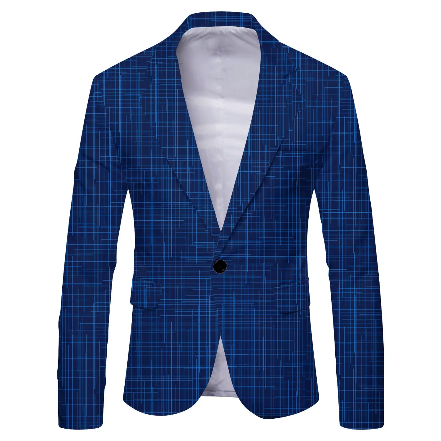Mens slim fit casual blazer in blue plaid featuring a single black button and white inner lining in British style suit design.