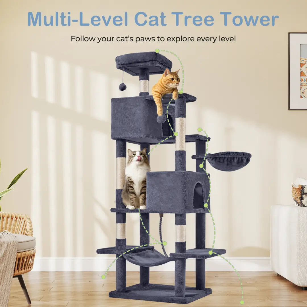 dark gray 66 inch multi-cat tree tower and condo featuring multi-level plush platforms and a hanging hammock for cats.