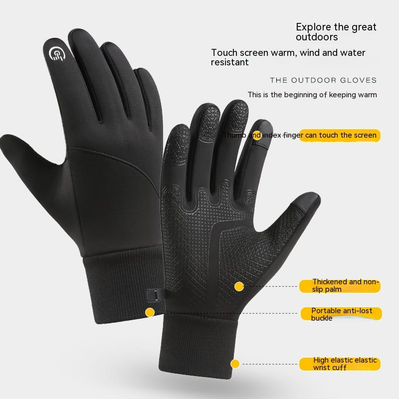 Black touchscreen outdoor winter gloves with waterproof fleece material, textured palm, and elastic wrist cuff designed for sports and cold weather use.