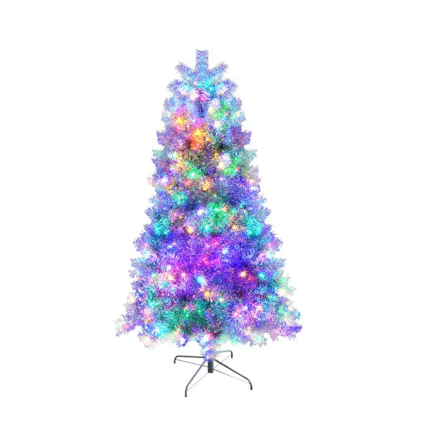 A vibrant silver pre-lit artificial christmas tree with shimmering tinsel branches and embedded led lights glowing in purples blues greens and pinks.