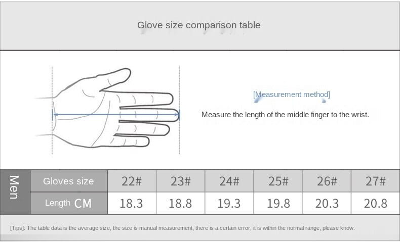 Glove size comparison table for men genuine leather breathable golf glove showing measurements in centimeters for sizes 22# to 27#.