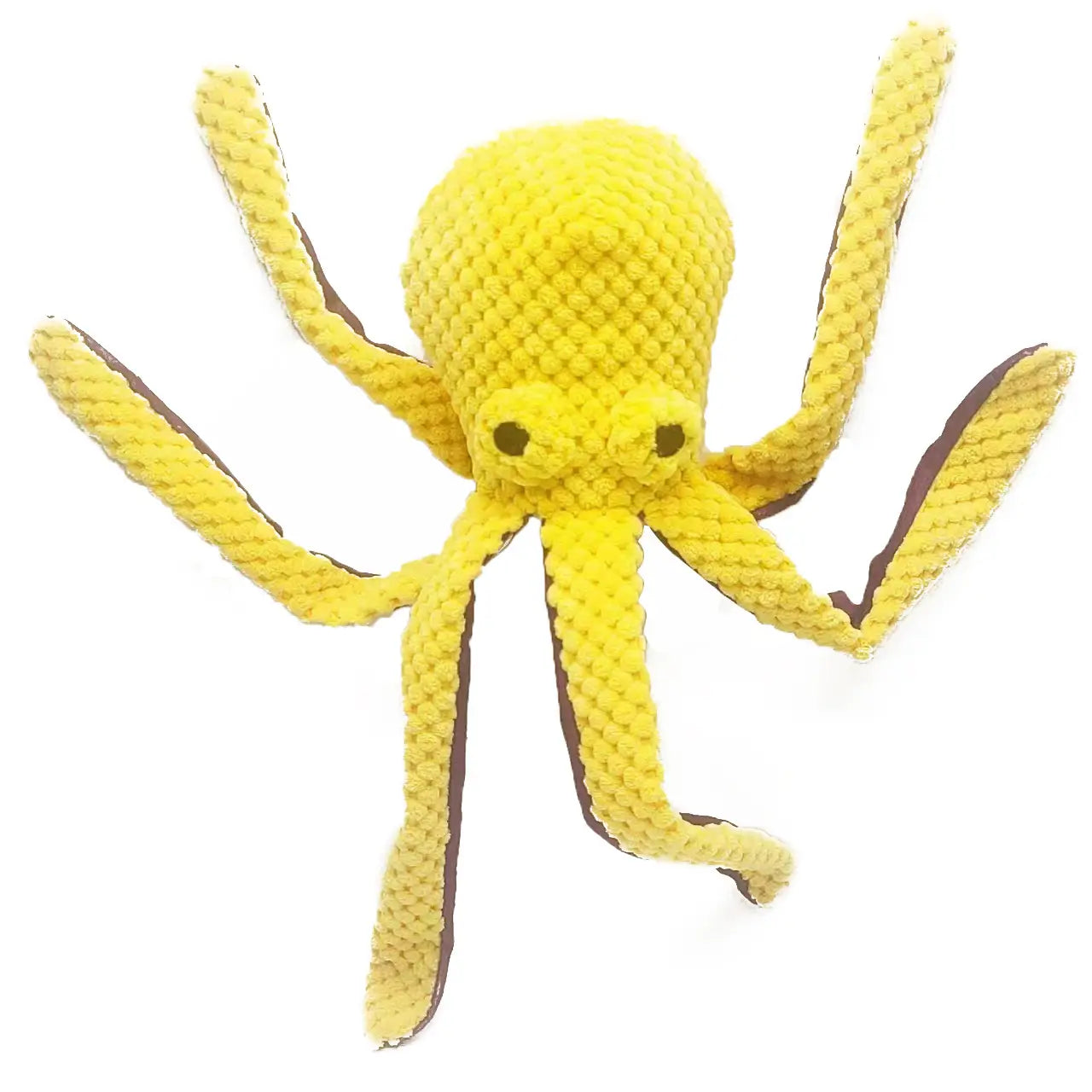 Bright yellow crocheted octopus plush pet toy with brown accents on its arms and textured fabric designed as a squeaky toy.