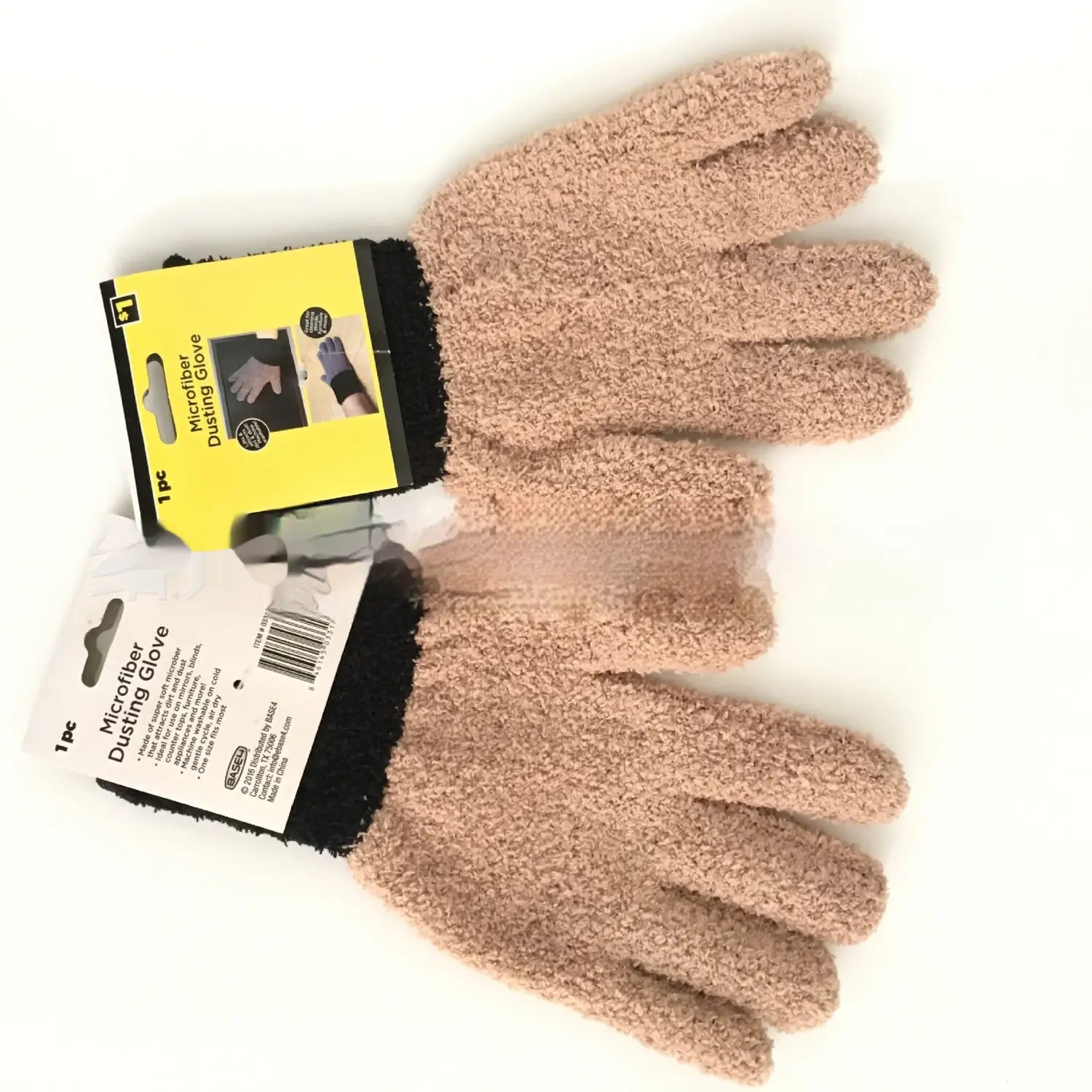 Beige microfiber plush coral fleece bath dusting glove with black wristband shown from the back side.