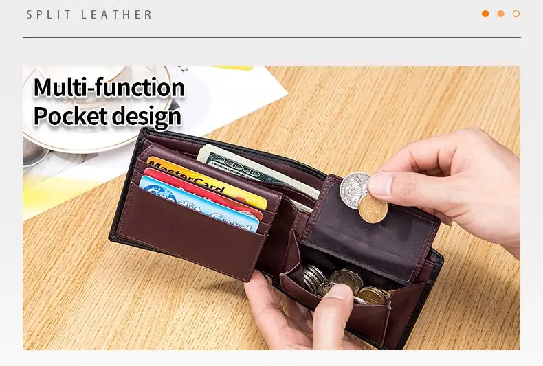 Brown split leather bifold wallet with multi-function coin pocket design for men made of genuine leather