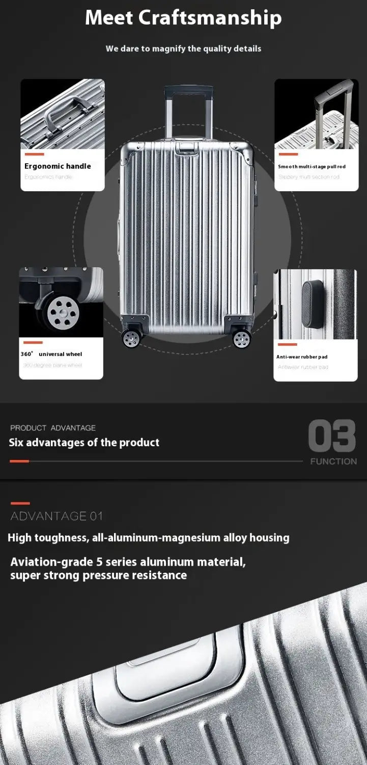 Silver hard-shell aluminum magnesium luggage spinner suitcase with ribbed design and retractable handle shown from the back side.