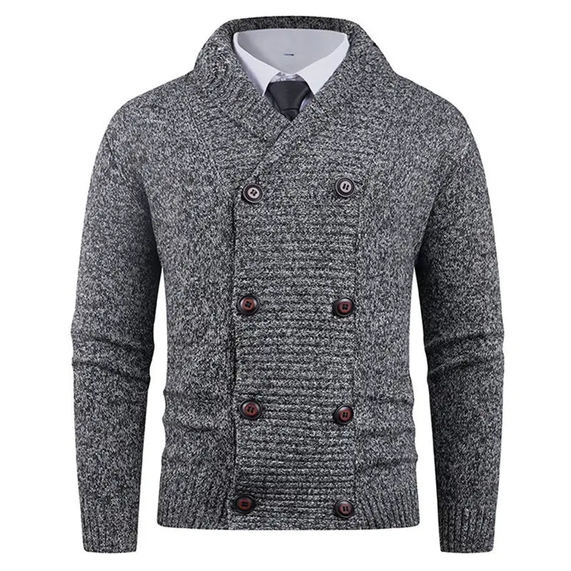 Men’s double-breasted knit cardigan in gray heathered fabric with dark brown buttons.