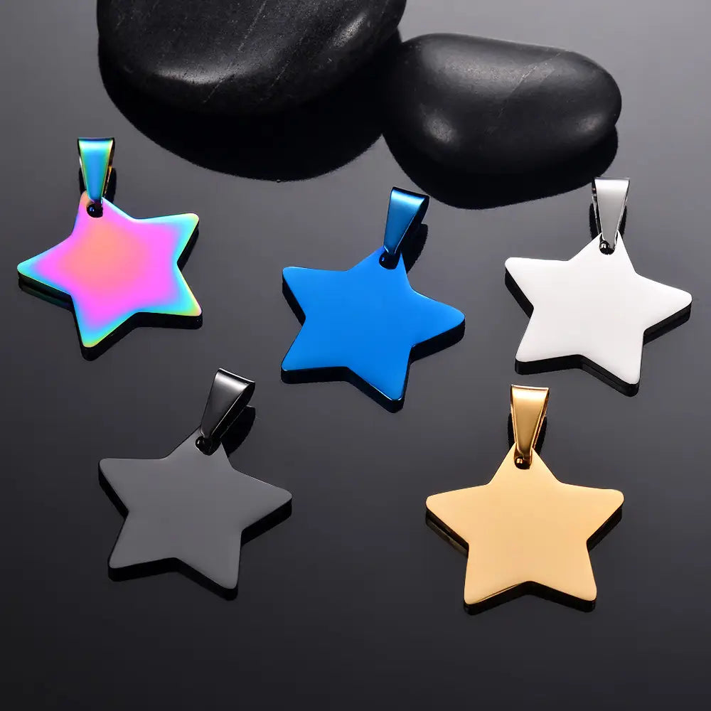 five star-shaped pendants in various metallic finishes including iridescent, solid blue, white, black, and gold stainless steel star pendant necklace gold.
